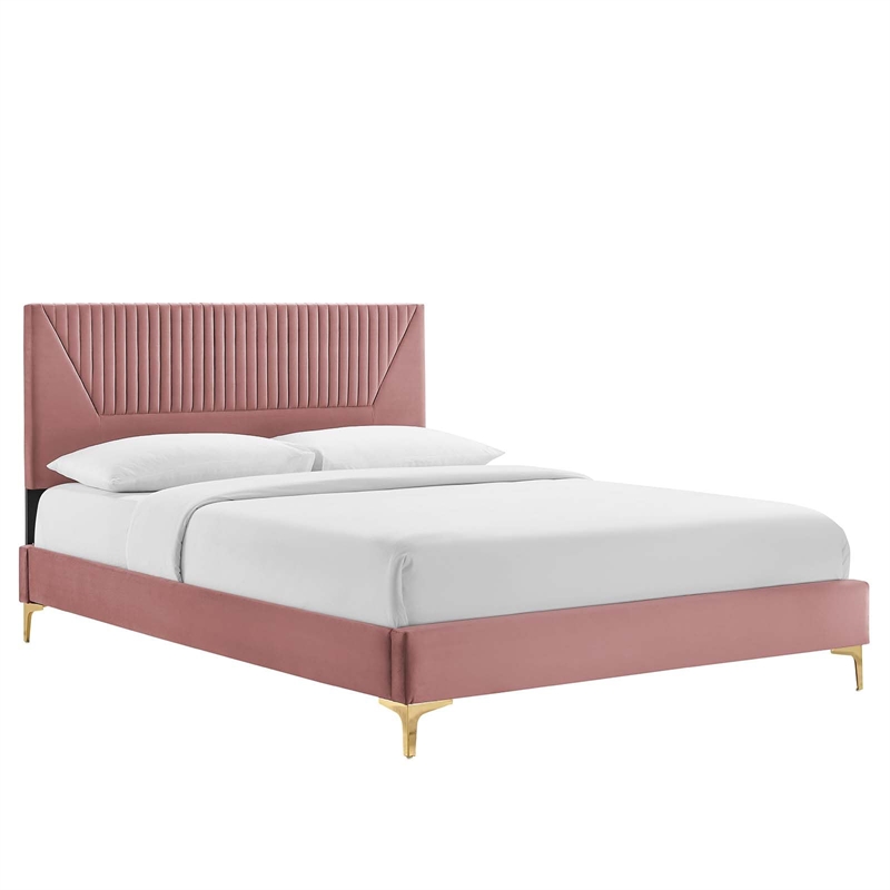 Maklaine Channel Tufted Velvet King Platform Bed in Dusty Rose Finish