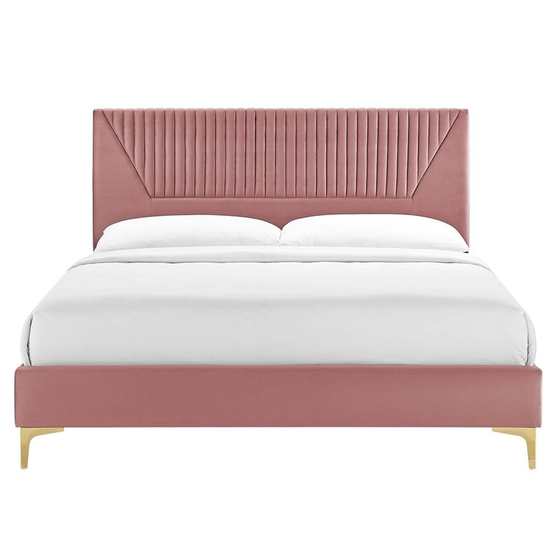 Maklaine Channel Tufted Velvet King Platform Bed in Dusty Rose Finish
