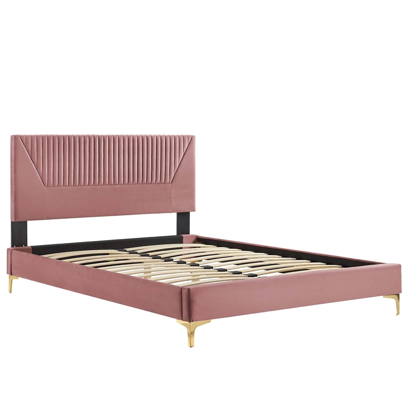 Maklaine Channel Tufted Velvet King Platform Bed in Dusty Rose Finish
