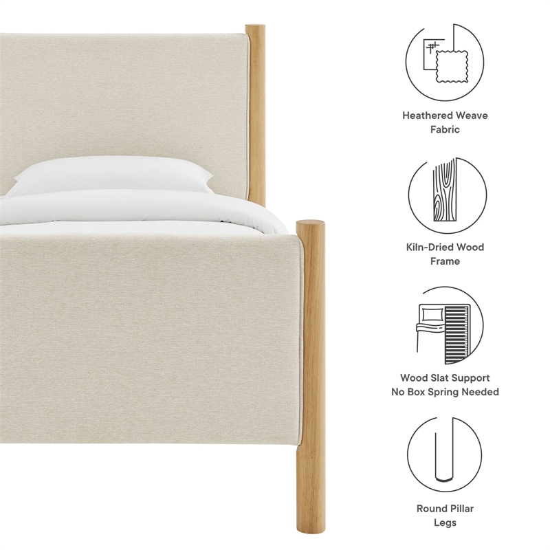Maklaine Contemporary Wooden Bed Frame Upholstered Platform Bed in Ivory Oak
