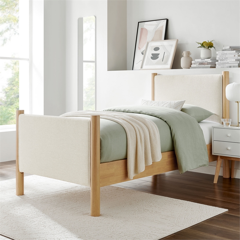 Maklaine Contemporary Wooden Bed Frame Upholstered Platform Bed in Ivory Oak