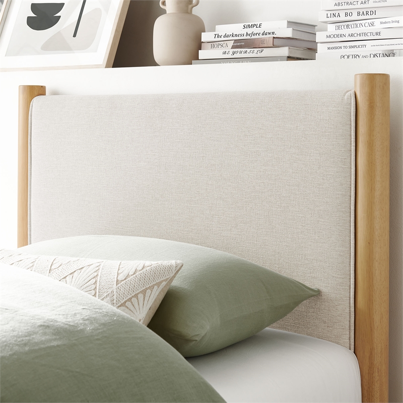 Maklaine Contemporary Wooden Bed Frame Upholstered Platform Bed in Ivory Oak