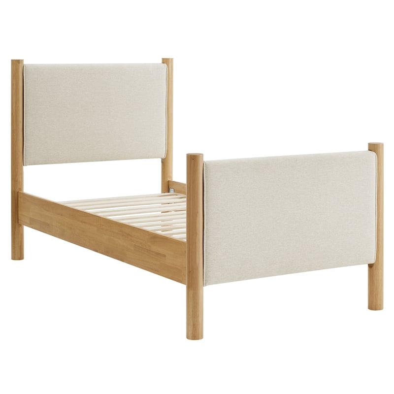 Maklaine Contemporary Wooden Bed Frame Upholstered Platform Bed in Ivory Oak