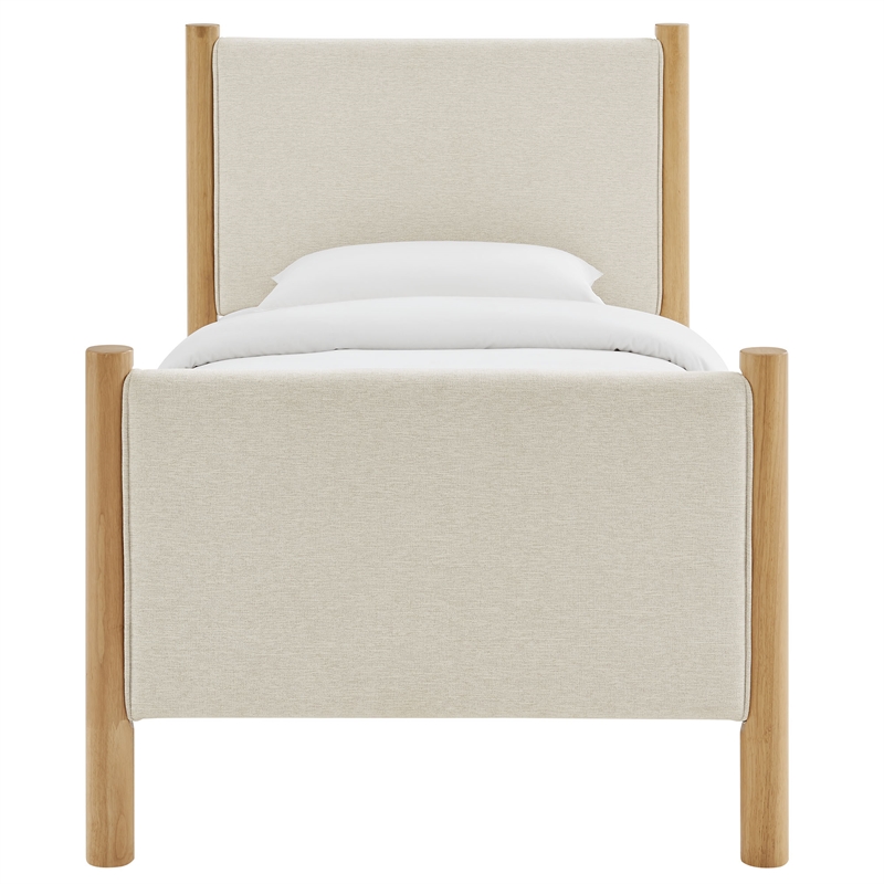 Maklaine Contemporary Wooden Bed Frame Upholstered Platform Bed in Ivory Oak