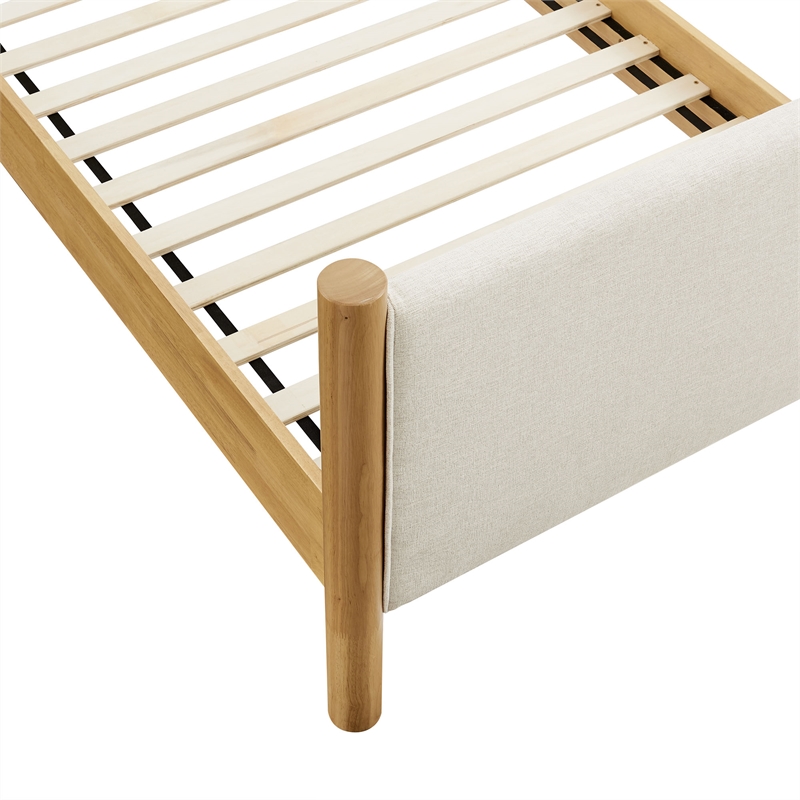 Maklaine Contemporary Wooden Bed Frame Upholstered Platform Bed in Ivory Oak