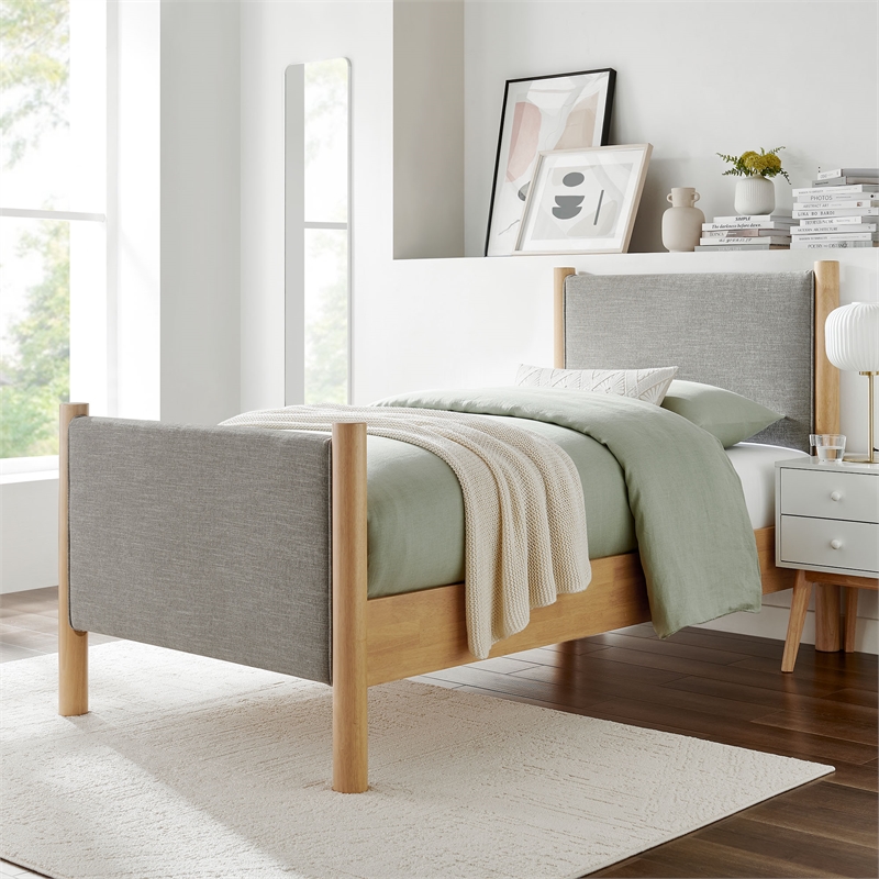 Maklaine Heathered Weave Fabric Upholstered Twin Platform Bed in Wheat Oak