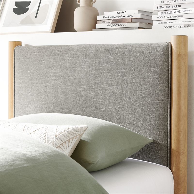 Maklaine Heathered Weave Fabric Upholstered Twin Platform Bed in Wheat Oak