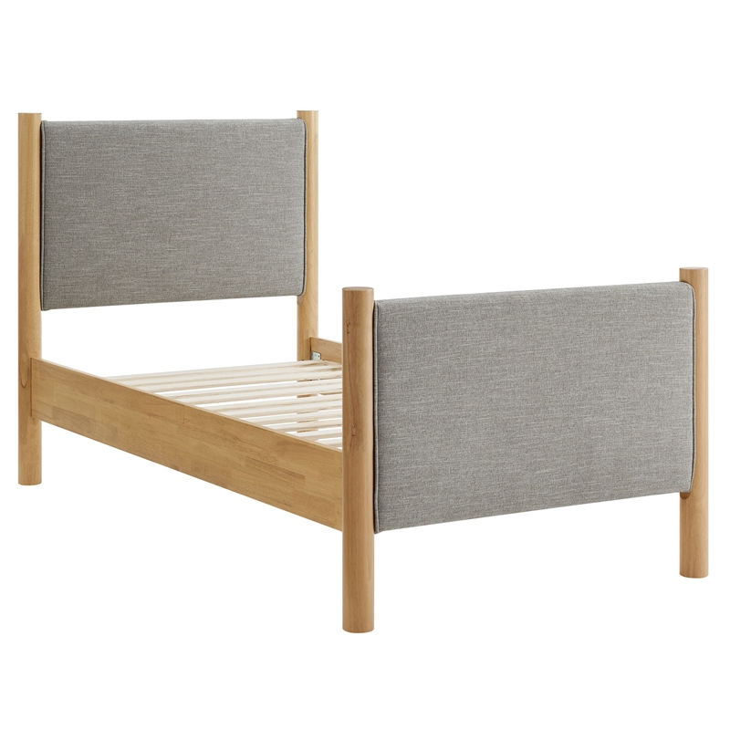 Maklaine Heathered Weave Fabric Upholstered Twin Platform Bed in Wheat Oak