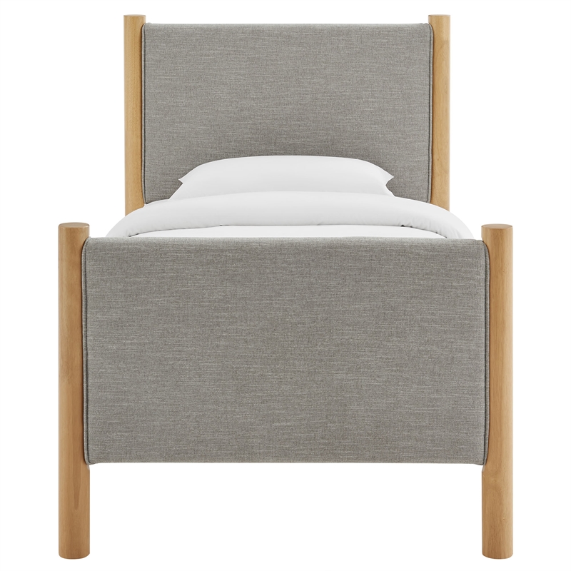 Maklaine Heathered Weave Fabric Upholstered Twin Platform Bed in Wheat Oak