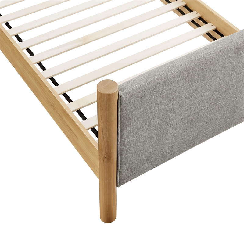 Maklaine Heathered Weave Fabric Upholstered Twin Platform Bed in Wheat Oak