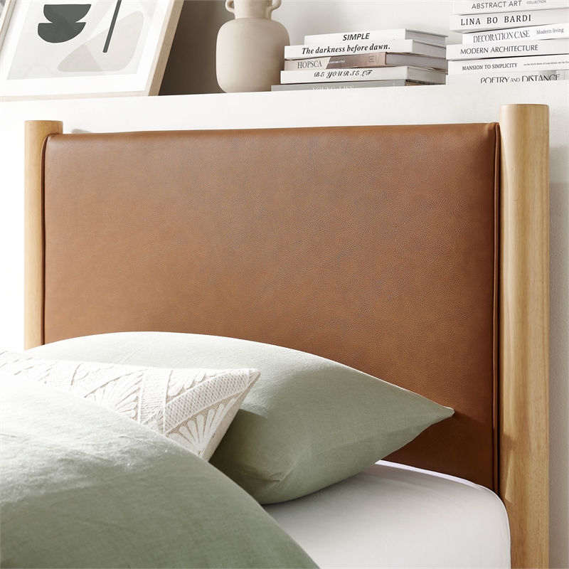 Maklaine Contemporary Wooden Bed Frame Upholstered Platform Bed in Tan Oak