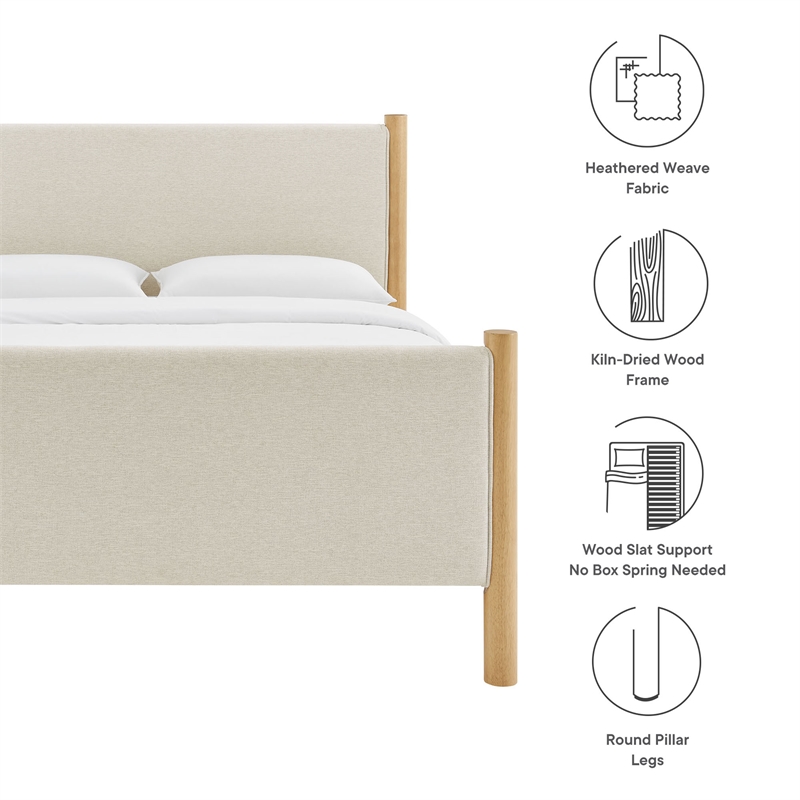 Maklaine Contemporary Wooden Bed Frame Upholstered Platform Bed in Ivory Oak