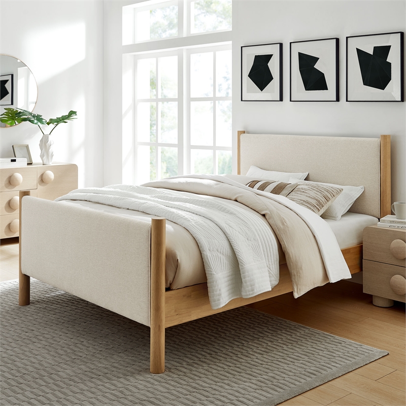 Maklaine Contemporary Wooden Bed Frame Upholstered Platform Bed in Ivory Oak