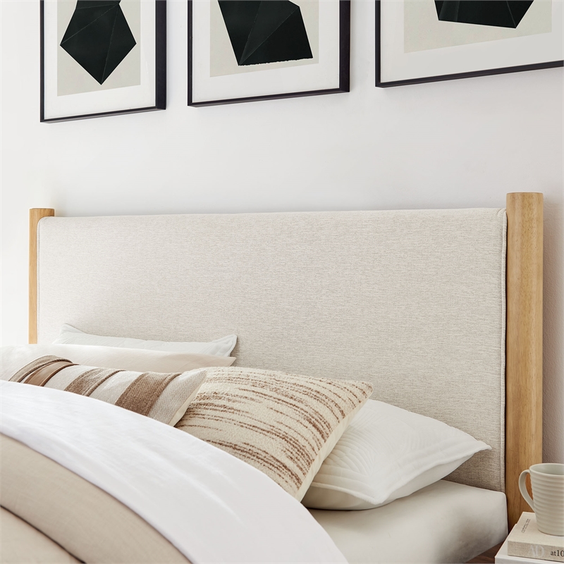 Maklaine Contemporary Wooden Bed Frame Upholstered Platform Bed in Ivory Oak