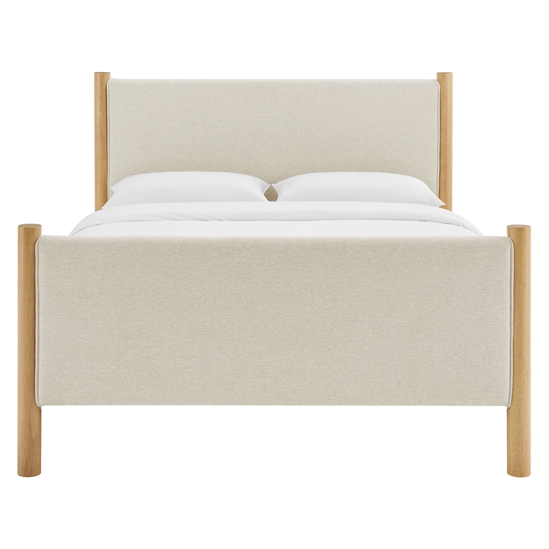 Maklaine Contemporary Wooden Bed Frame Upholstered Platform Bed in Ivory Oak