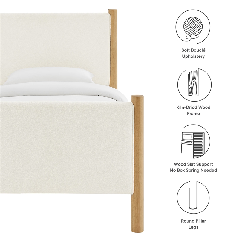 Maklaine Boucle Fabric Upholstered Twin Platform Bed in Feather Oak