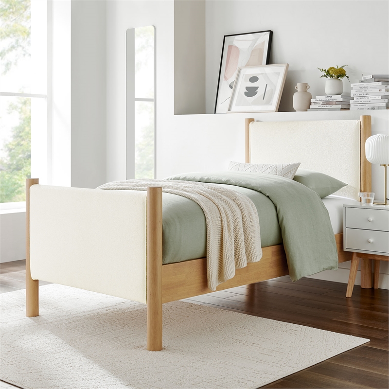 Maklaine Boucle Fabric Upholstered Twin Platform Bed in Feather Oak