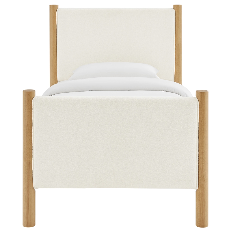 Maklaine Boucle Fabric Upholstered Twin Platform Bed in Feather Oak