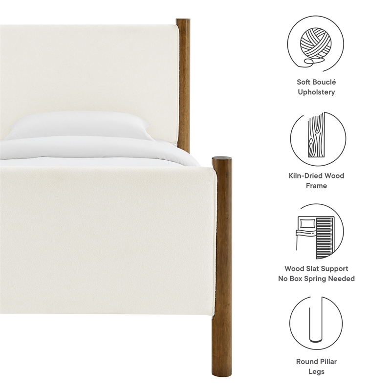 Maklaine Boucle Fabric Upholstered Twin Platform Bed in Feather Walnut