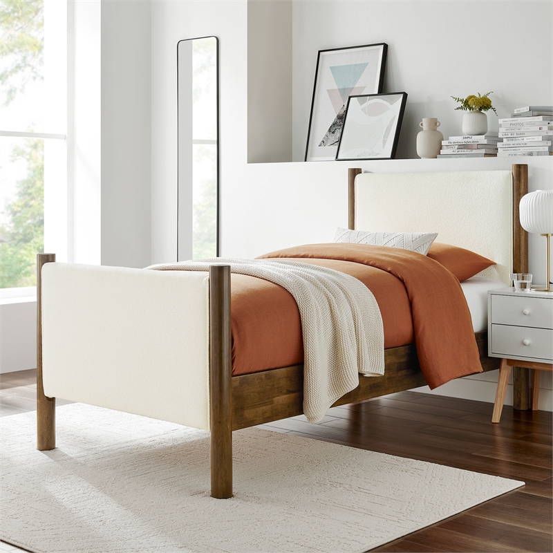 Maklaine Boucle Fabric Upholstered Twin Platform Bed in Feather Walnut