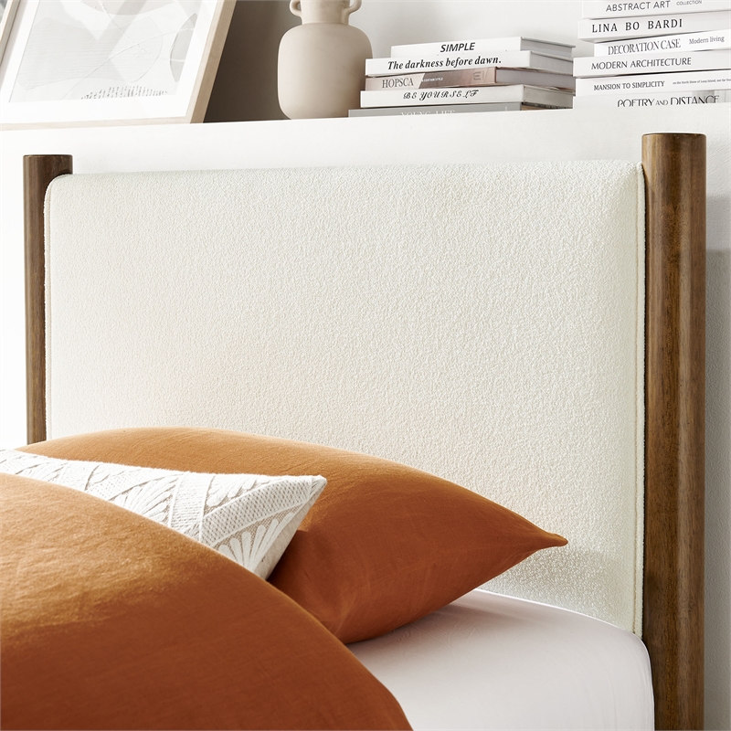 Maklaine Boucle Fabric Upholstered Twin Platform Bed in Feather Walnut