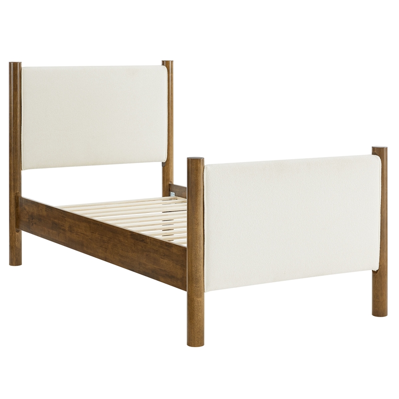 Maklaine Boucle Fabric Upholstered Twin Platform Bed in Feather Walnut
