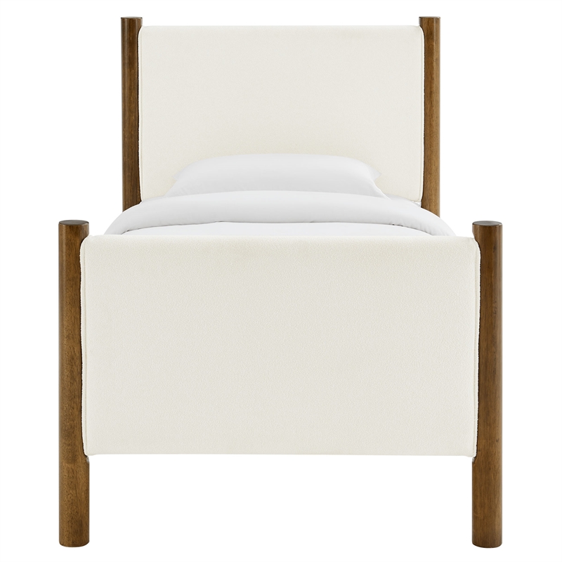 Maklaine Boucle Fabric Upholstered Twin Platform Bed in Feather Walnut