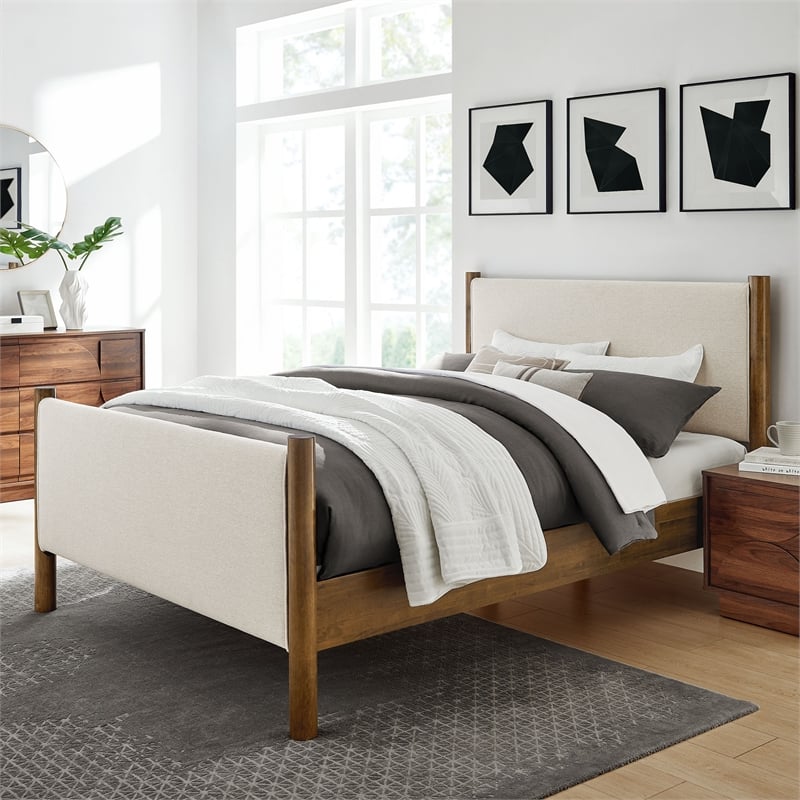 Maklaine Contemporary Upholstered Platform Bed in Ivory Walnut