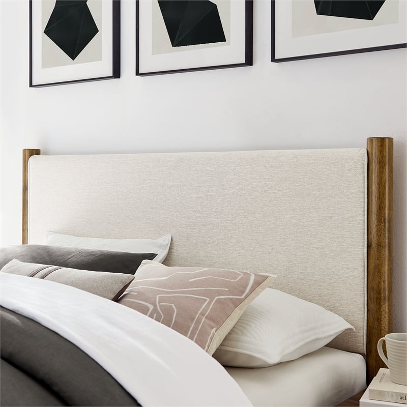 Maklaine Contemporary Upholstered Platform Bed in Ivory Walnut