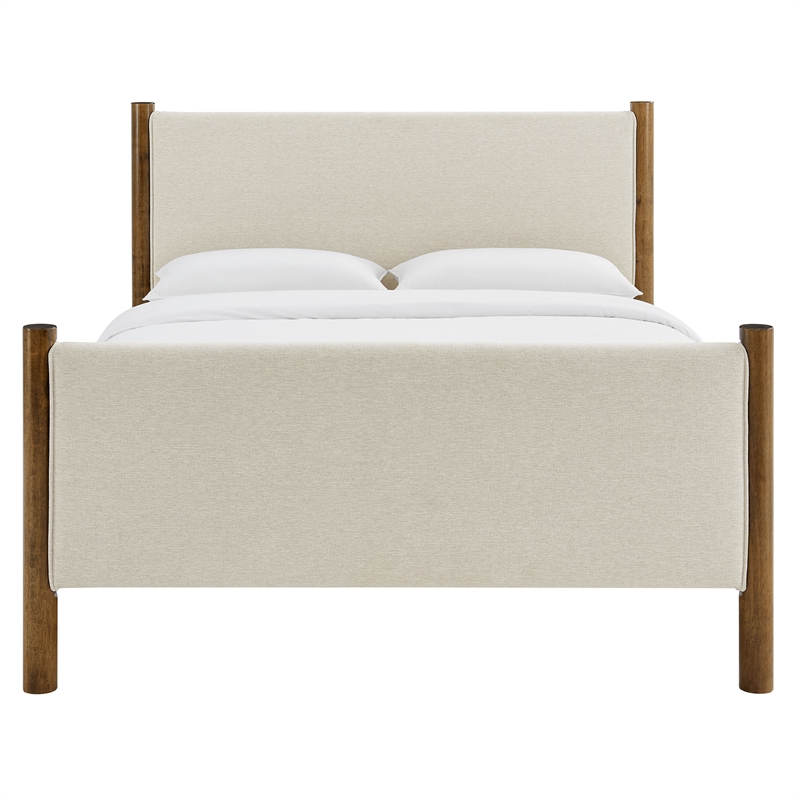 Maklaine Contemporary Upholstered Platform Bed in Ivory Walnut