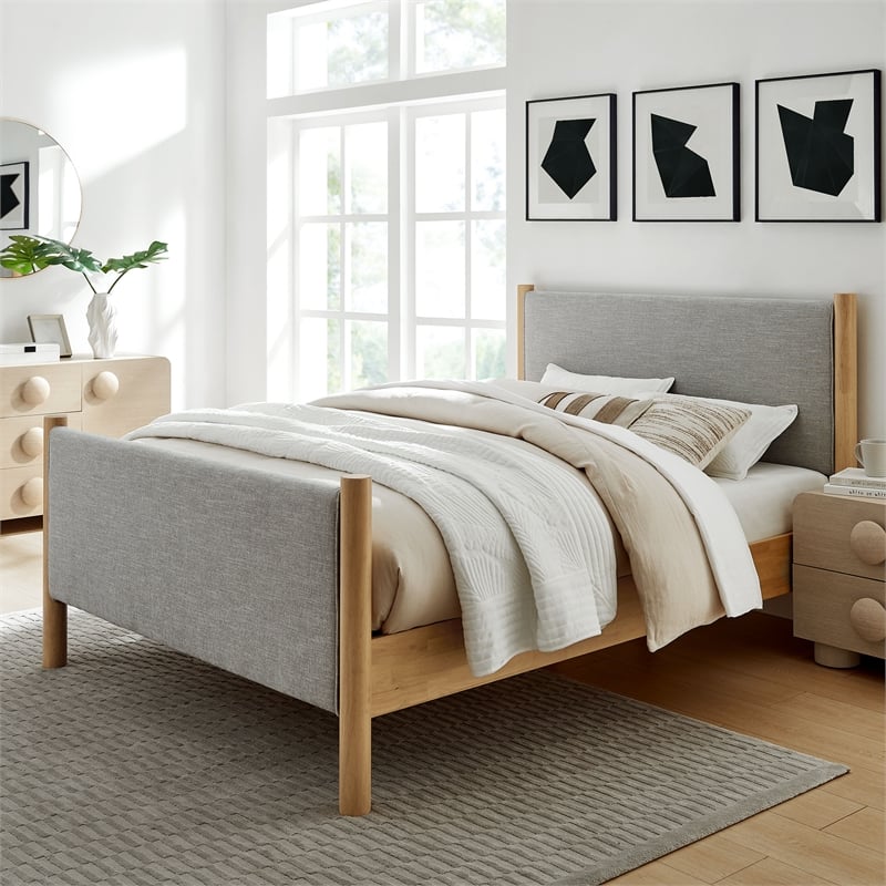 Maklaine Contemporary Wooden Bed Frame Upholstered Platform Bed in Wheat Oak