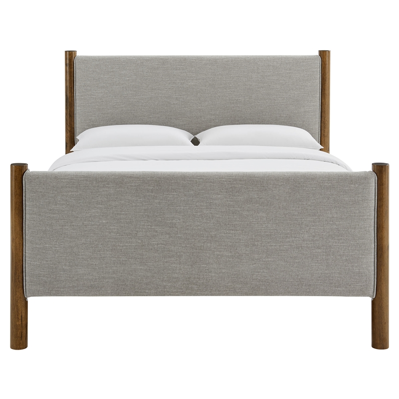 Maklaine Heathered Weave Fabric Upholstered Full Platform Bed - Wheat Walnut