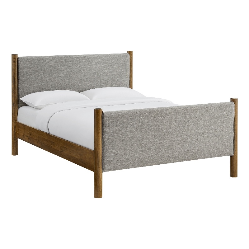 Maklaine Heathered Weave Fabric Upholstered Full Platform Bed - Wheat Walnut