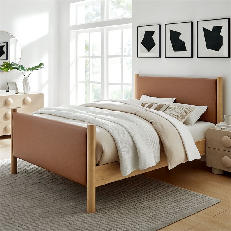 Maklaine Contemporary Wooden Bed Frame Upholstered Platform Bed in Tan Oak