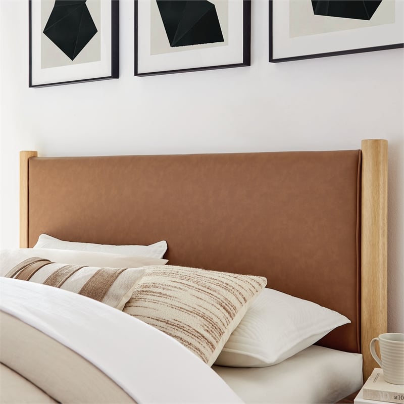 Maklaine Contemporary Wooden Bed Frame Upholstered Platform Bed in Tan Oak