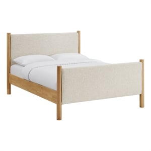 Maklaine Contemporary Wooden Bed Frame Upholstered Platform Bed in Ivory Oak