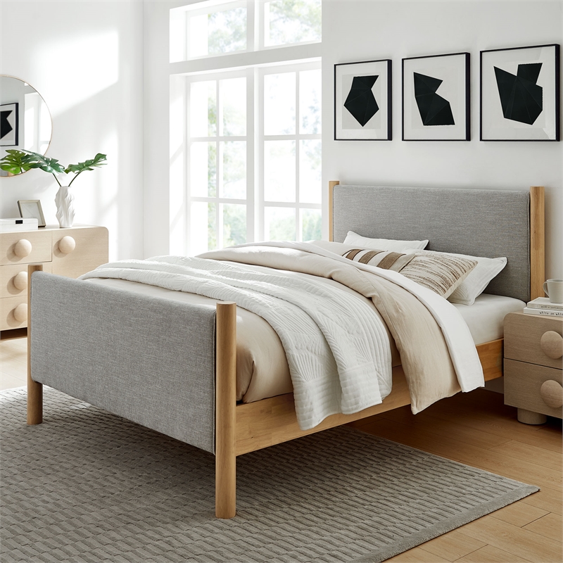 Maklaine Queen Size Fabric Upholstered Platform Bed in Wheat Oak