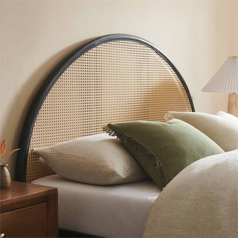 Maklaine Contemporary Rattan Cane Headboard Platform Bed in Black