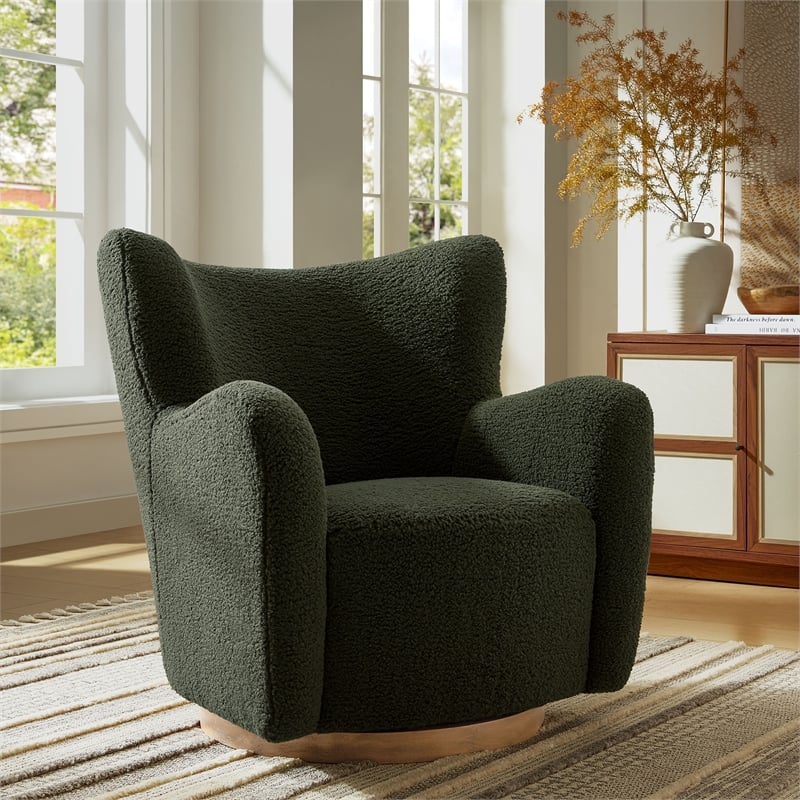 Maklaine Contemporary Upholstered Swivel Accent Chair in Fern Walnut