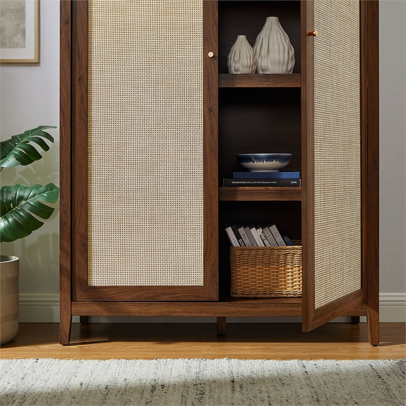 Maklaine Rattan Walnut Storage Cabinet Arched 79
