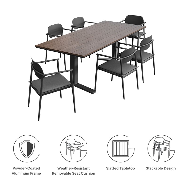 Maklaine 7-Piece Outdoor Patio Aluminum Dining Set in Charcoal