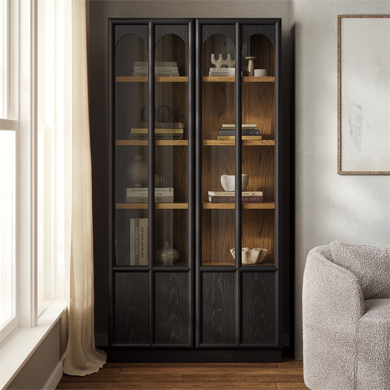 Maklaine Contemporary Solid Wood and Glass Display Cabinet in Black Oak