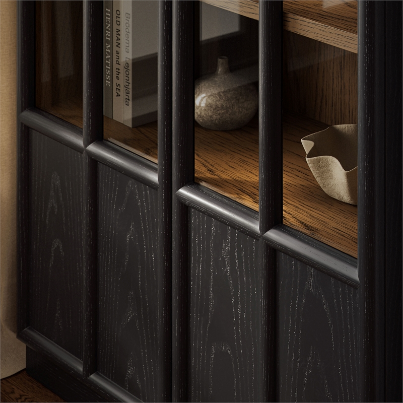 Maklaine Contemporary Solid Wood and Glass Display Cabinet in Black Oak