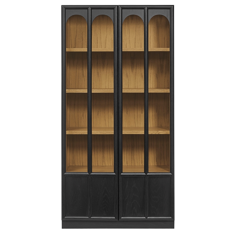 Maklaine Contemporary Solid Wood and Glass Display Cabinet in Black Oak