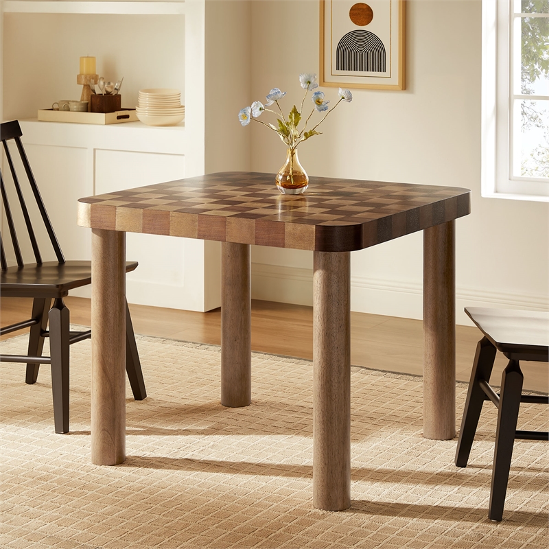 Maklaine Rubberwood Brown Dining Table Square Checkered Game Board 36