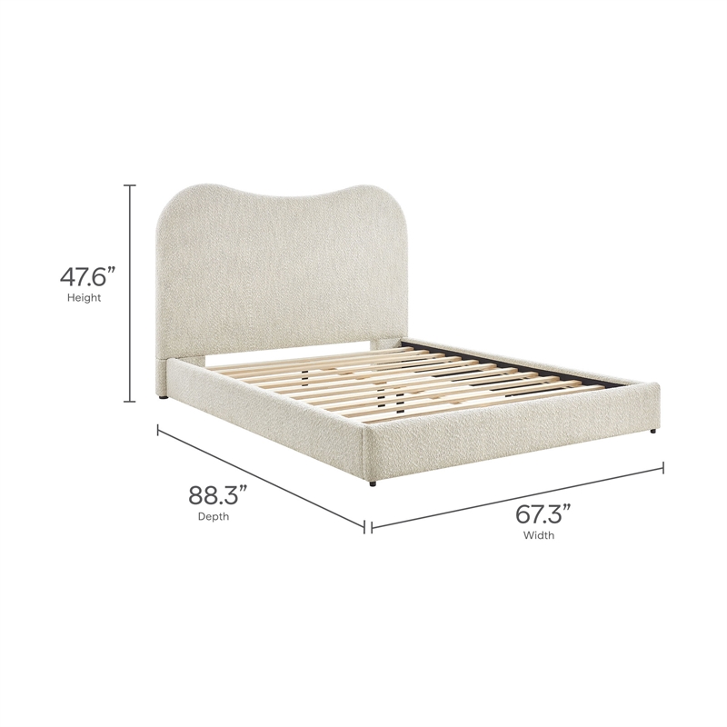 Maklaine Contemporary Curved Padded Headboard Boucle Queen Platform Bed in White