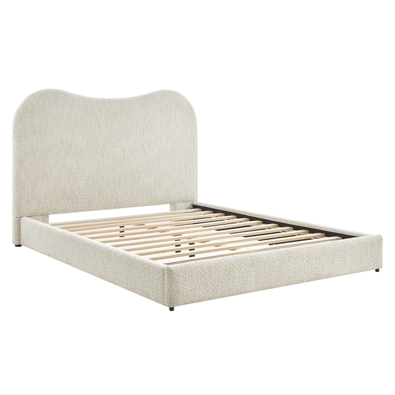 Maklaine Contemporary Curved Padded Headboard Boucle Queen Platform Bed in White
