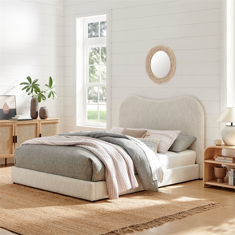 Maklaine Contemporary Curved Padded Headboard Boucle Queen Platform Bed in White