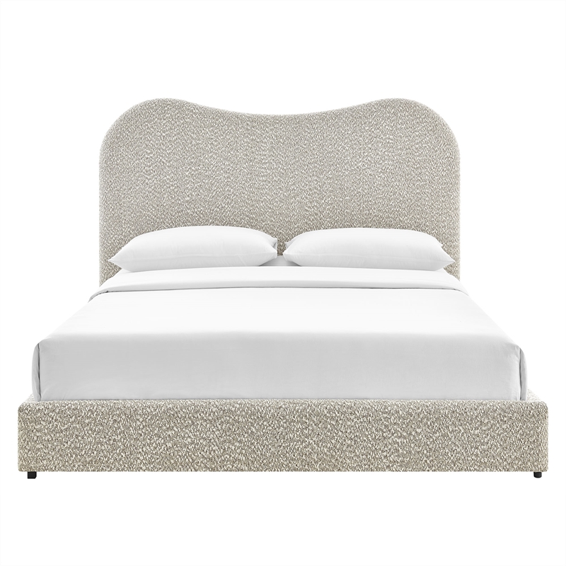 Maklaine Contemporary Curved Padded Headboard Boucle Queen Platform Bed in Gray