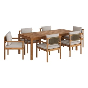 Maklaine 7-Piece Outdoor Patio Teak Wood Dining Set in Natural Sail